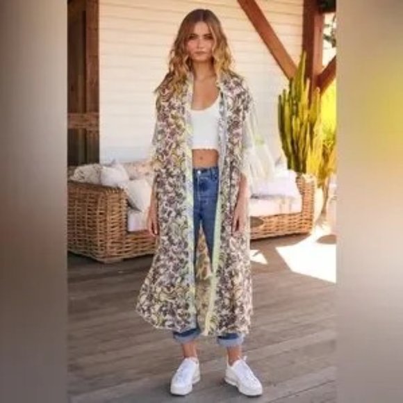 Free People Watching Waves Maxi Shirt Cover-up Oversized Aquamarine Boho Size XS - Picture 8 of 14